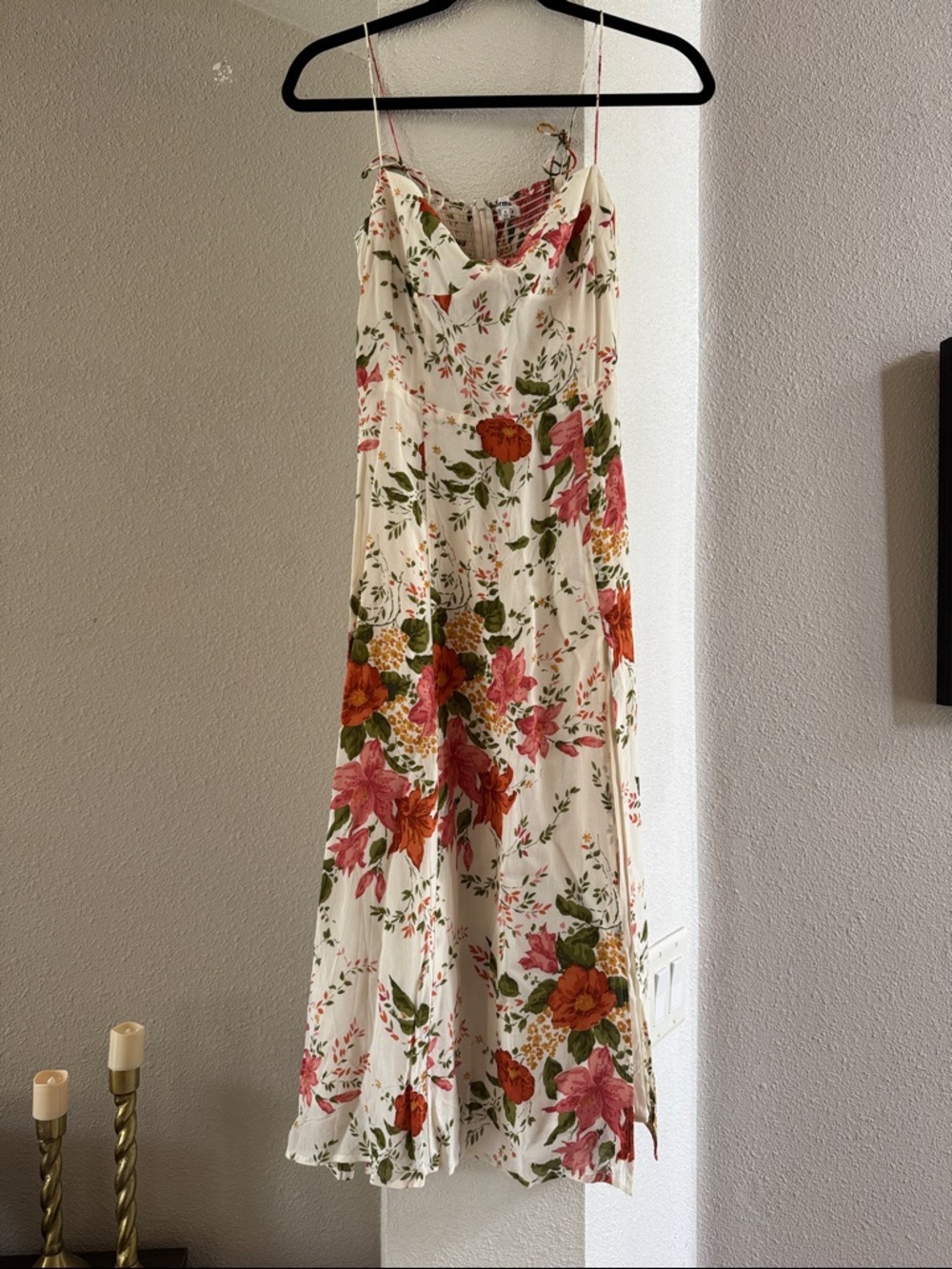 Reformation Juliette Cream Floral Midi Slip Dress with Pink & Orange Blooms